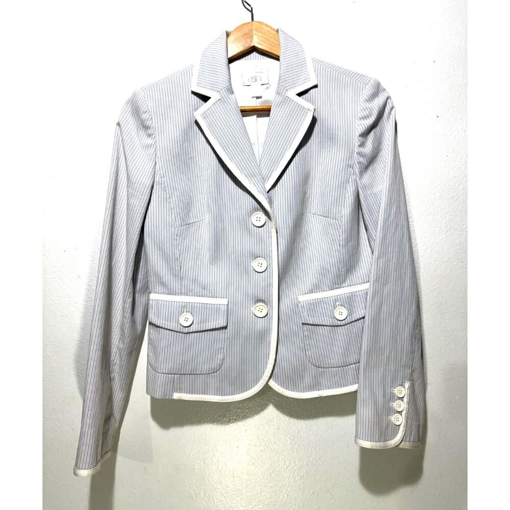 Loft cropped jacket blazer preppy seersucker 100% cotton blue office women 6